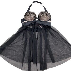 Victoria's Secret Nightie Women 32B Black Nude Floral Lace Babydoll‎ Halter NWT